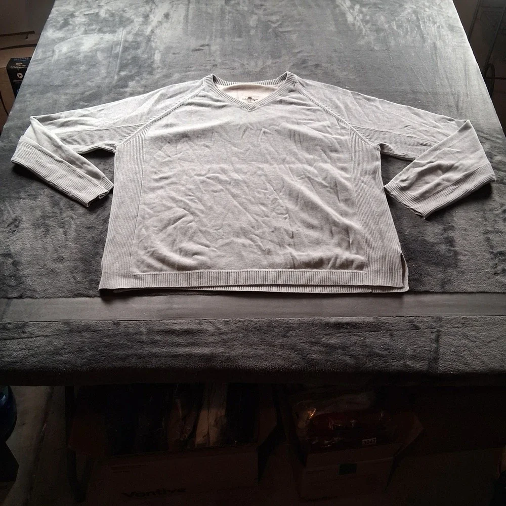 Island Shores V-Neck Sweater Mens XL Gray 100% Cotton Raglan Ribbed Knit
